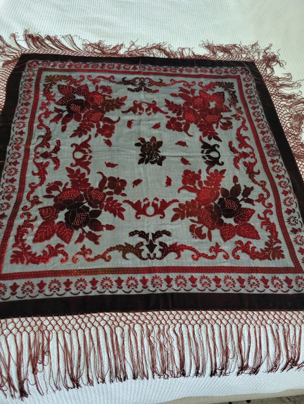 BELLISSIMO,silk, and rayon Burnout Velvet Textured With Long Fringes Scarf,41X41